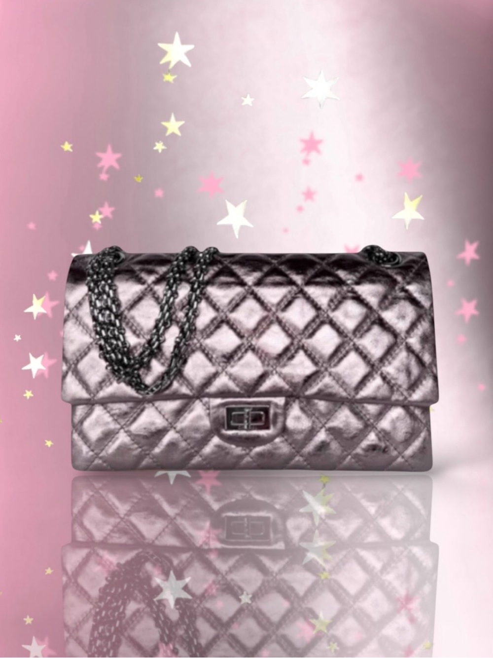 💞CHANEL Reissue 2.55 Metallic Pink Aged Calfskin Double Flap Gunmetal Ruthenium